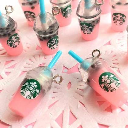 2 Miniature Pink Bubble Tea Charms, Kawaii, Fake..