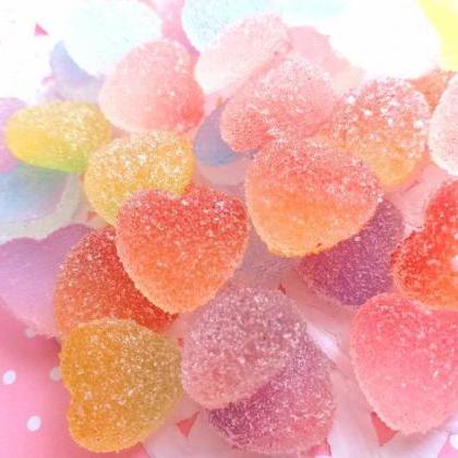 6 Sugared Gummy Hearts Cabochons, Resin, Mixed..