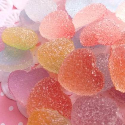 6 Sugared Gummy Hearts Cabochons, Resin, Mixed..