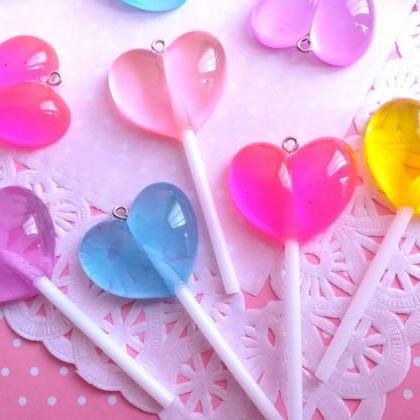 2 Heart Lollipops, Kawaii, Fake Food Charms, Gift..