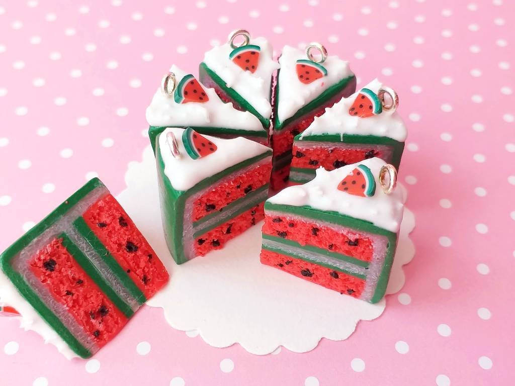 Watermelon Cake Charm - Miniature Food - Kawaii Charms - Polymer Clay Charms - Food Jewelry - Gift - Necklace Pendant - Food Keychain