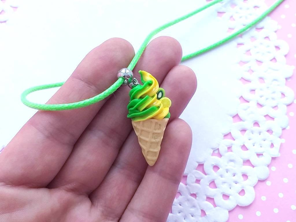 Swirl Ice Cream Necklace - Kiwi Ice Cream Jewelry - Charm Necklace Pendant - Food Jewelry - Kawaii Fashion - Gift