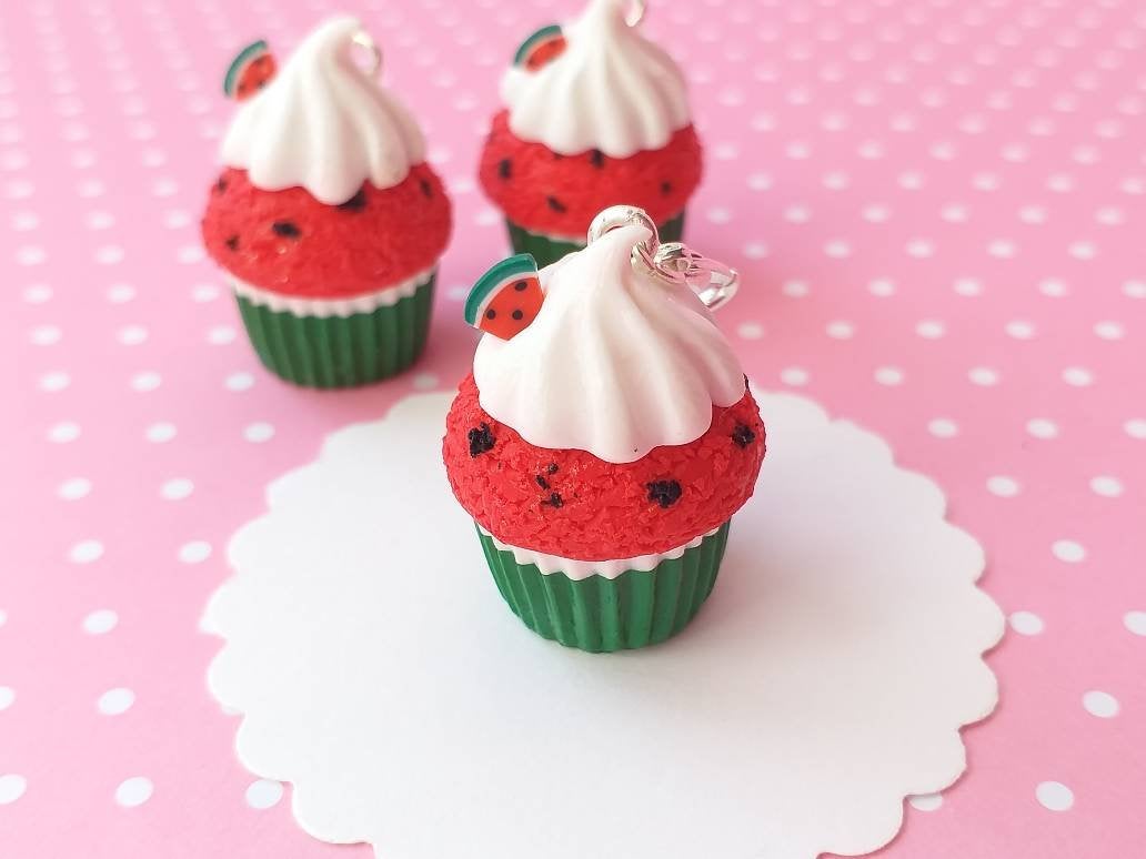 Watermelon Cupcake Charm - Miniature Food - Kawaii Charms - Polymer Clay Charms - Food Jewelry - Gift - Necklace Pendant - Food Keychain