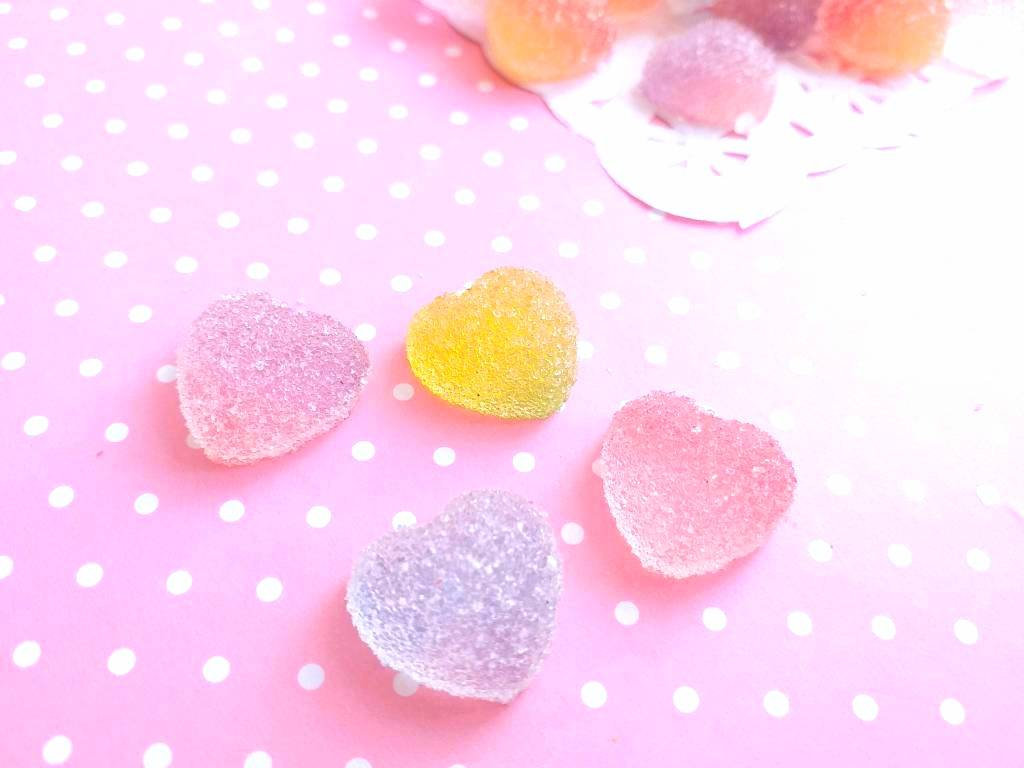 6 Sugared Gummy Hearts Cabochons, Resin, Mixed Cabochons, Flatback, Slime, Decoden, Fake Food Cabochons
