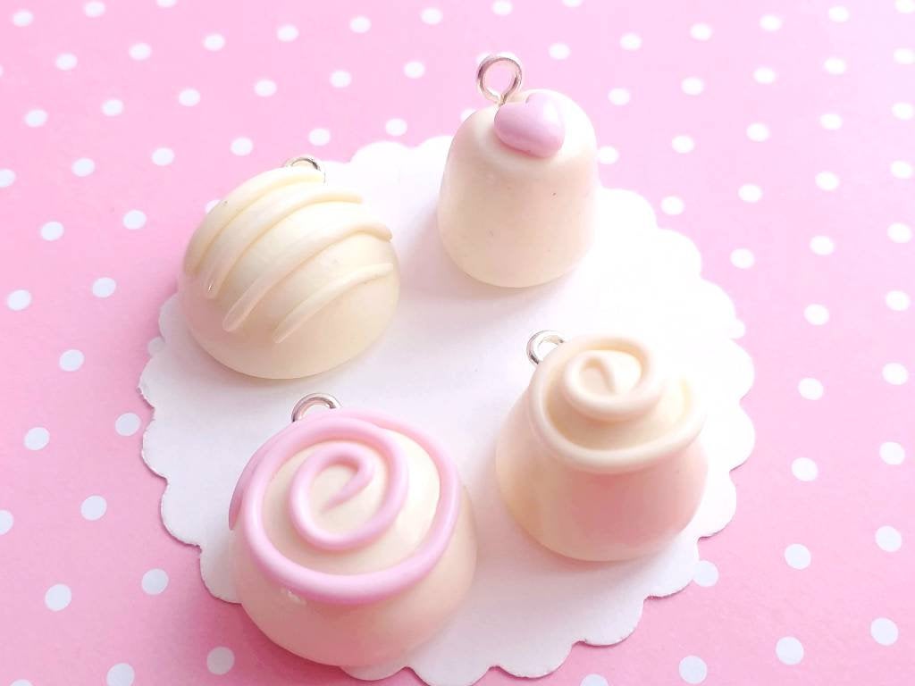 4 White Chocolate Truffles Charms - Kawaii Charms - Polymer Clay Charms - Food Jewelry - Gift - Necklace Pendant - Food Keychain