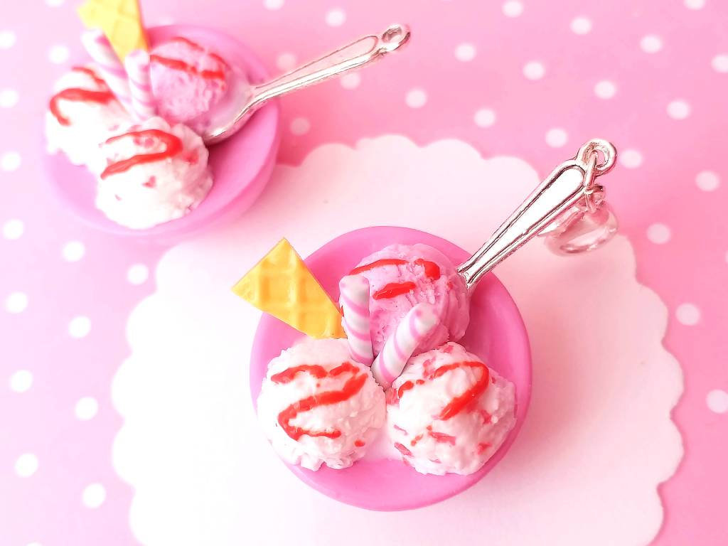 Ice Cream Bowl Charm - Miniature Food - Kawaii Charms - Polymer Clay Charms - Food Jewelry - Gift - Necklace Pendant - Food Keychain