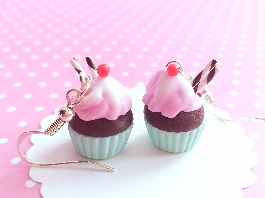 Cupcake Earrings -food Jewelry - Miniature Food- Dangle Earrings - Chocolate Cupcake - Kawaii Jewelry - Gift