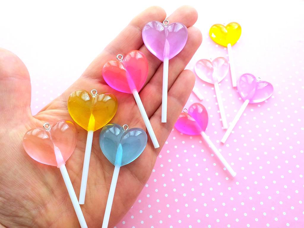 2 Heart Lollipops, Kawaii, Fake Food Charms, Gift For Her, Jewelry, Craft Supplies