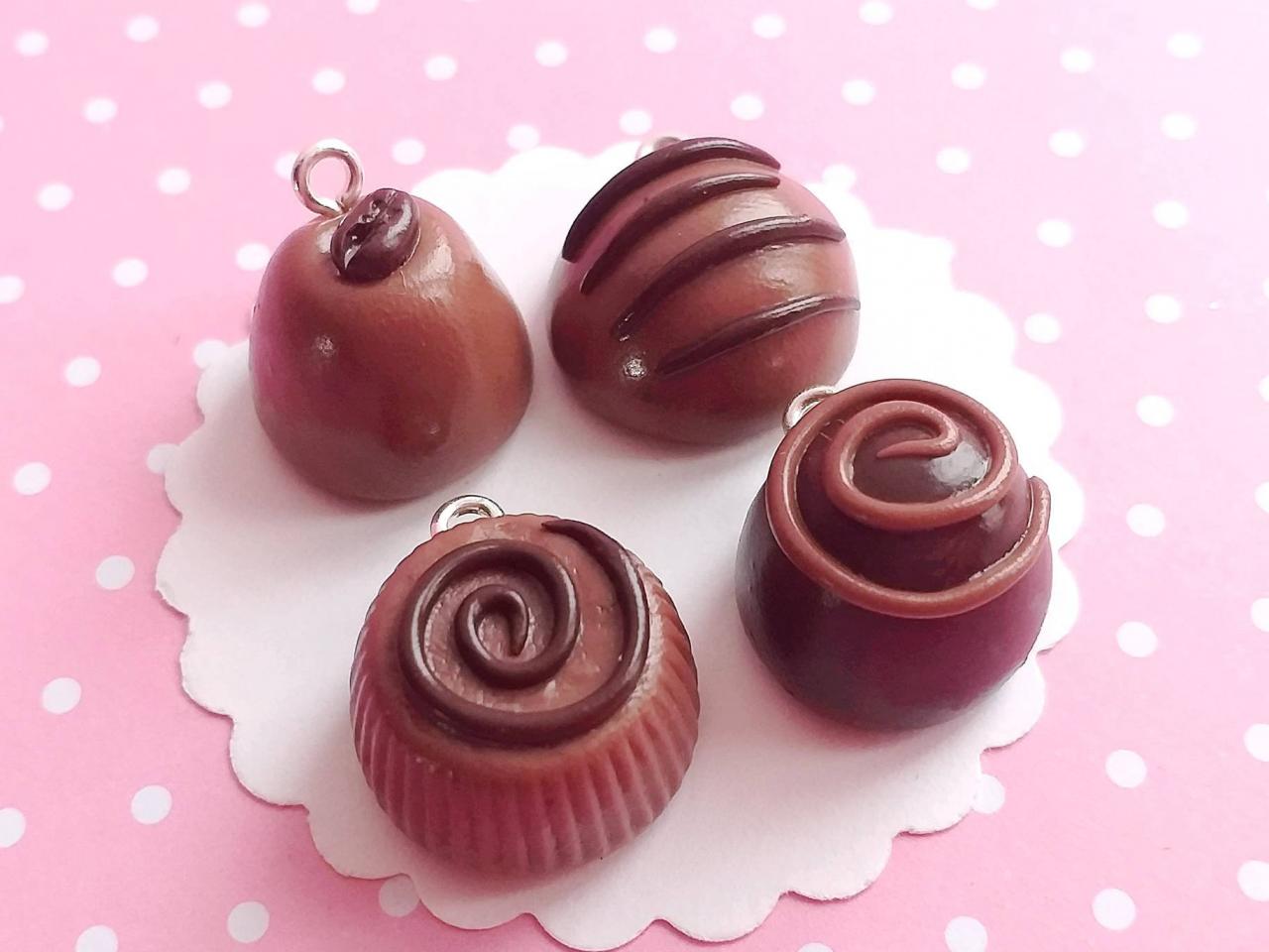 4 Dark Chocolate Truffles Charms - Kawaii Charms - Polymer Clay Charms - Food Jewelry - Gift - Necklace Pendant - Food Keychain