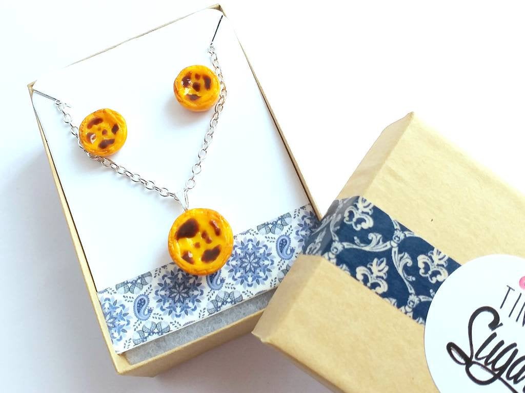 Set Of Portuguese Egg Tart Necklace And Stud Earrings - Miniature Food - Food Charms - Food Jewelry - Kawaii Charms - Gift - Portugal