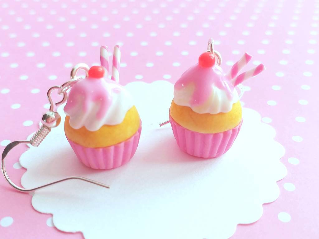 Cupcake Earrings -food Jewelry - Miniature Food- Dangle Earrings - Vanilla Cupcake - Kawaii Jewelry - Gift