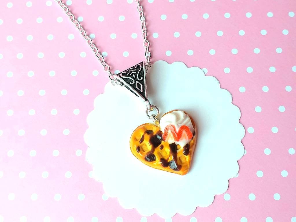 Waffle Heart Necklace - Charm Necklace Pendant - Food Jewelry - Kawaii Fashion - Gift