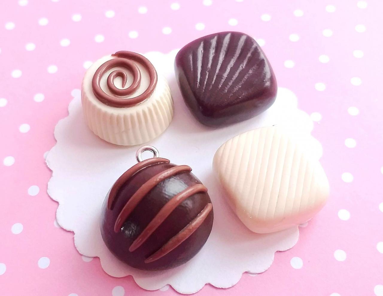 4 Mixed Chocolate Truffles Charms - Kawaii Charms - Polymer Clay Charms - Food Jewelry - Gift - Necklace Pendant - Food Keychain