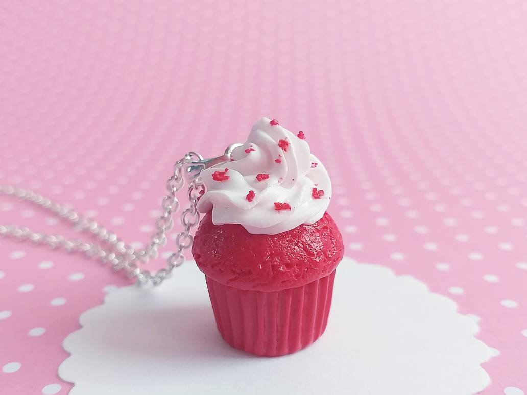 Red Velvet Cupcake Necklace - Charm Necklace Pendant - Food Jewelry - Kawaii Fashion