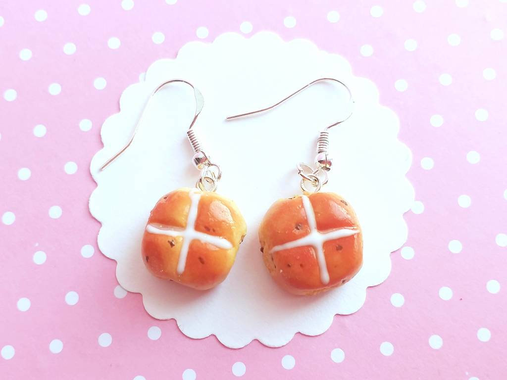Cross Buns Earrings -food Jewelry - Miniature Food- Dangle Earrings - Easter - Kawaii Jewelry - Gift