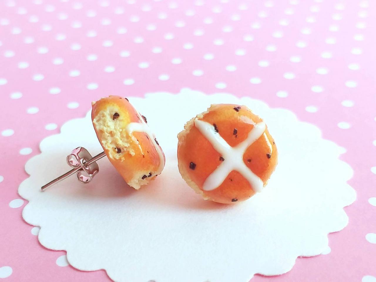 Cross Buns Earrings -food Jewelry - Miniature Food- Stud Earrings - Easter - Kawaii Jewelry - Gift